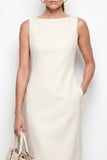 Ivory Boat Neck Midi Work Dress with Pockets