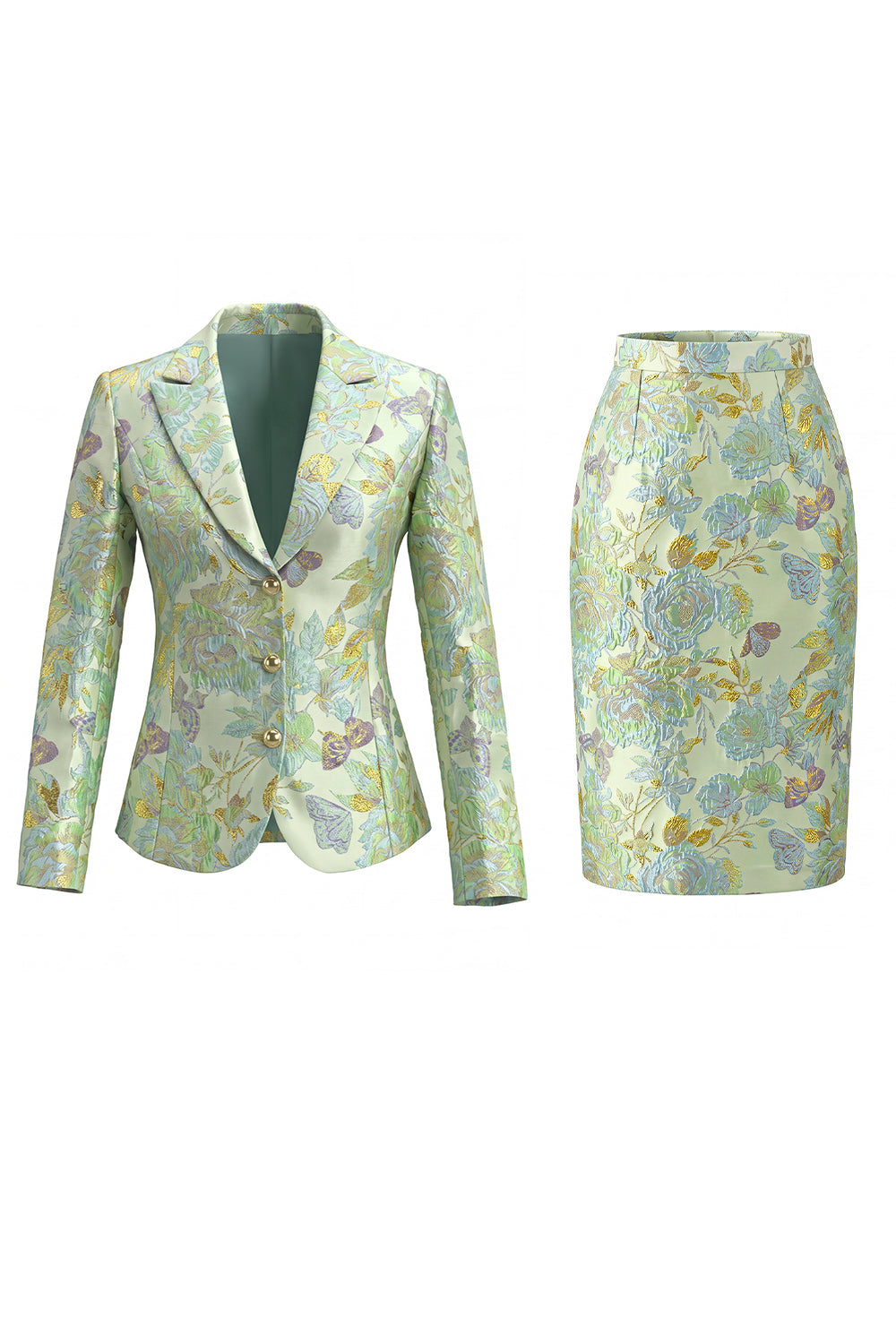 Green Flower Midi 2 Piece Peak Lapel Single Breasted Women Suits