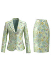 Green Flower Midi 2 Piece Peak Lapel Single Breasted Women Suits