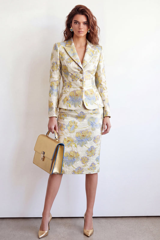 Yellow Flower Midi 2 Piece Peak Lapel Single Breasted Women Suits