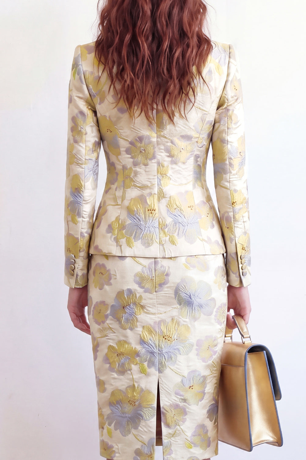 Yellow Flower Midi 2 Piece Peak Lapel Single Breasted Business Suits