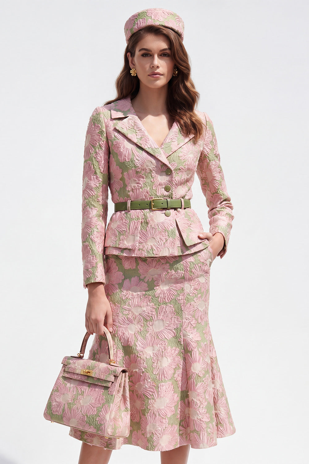 Green Pink Flower Midi 2 Piece Notched Lapel Single Breasted Business Suits