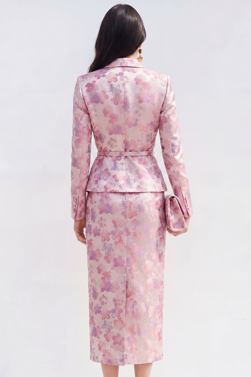 Pink Fuchsia Flower Midi 2 Piece Peak Lapel Single Breasted Business Suits