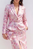 Pink Fuchsia Flower Midi 2 Piece Peak Lapel Single Breasted Business Suits