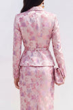 Pink Fuchsia Flower Midi 2 Piece Peak Lapel Single Breasted Business Suits
