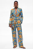 Blue 2 Piece Floral Notched Lapel Single Breasted Business Suits with Pockets