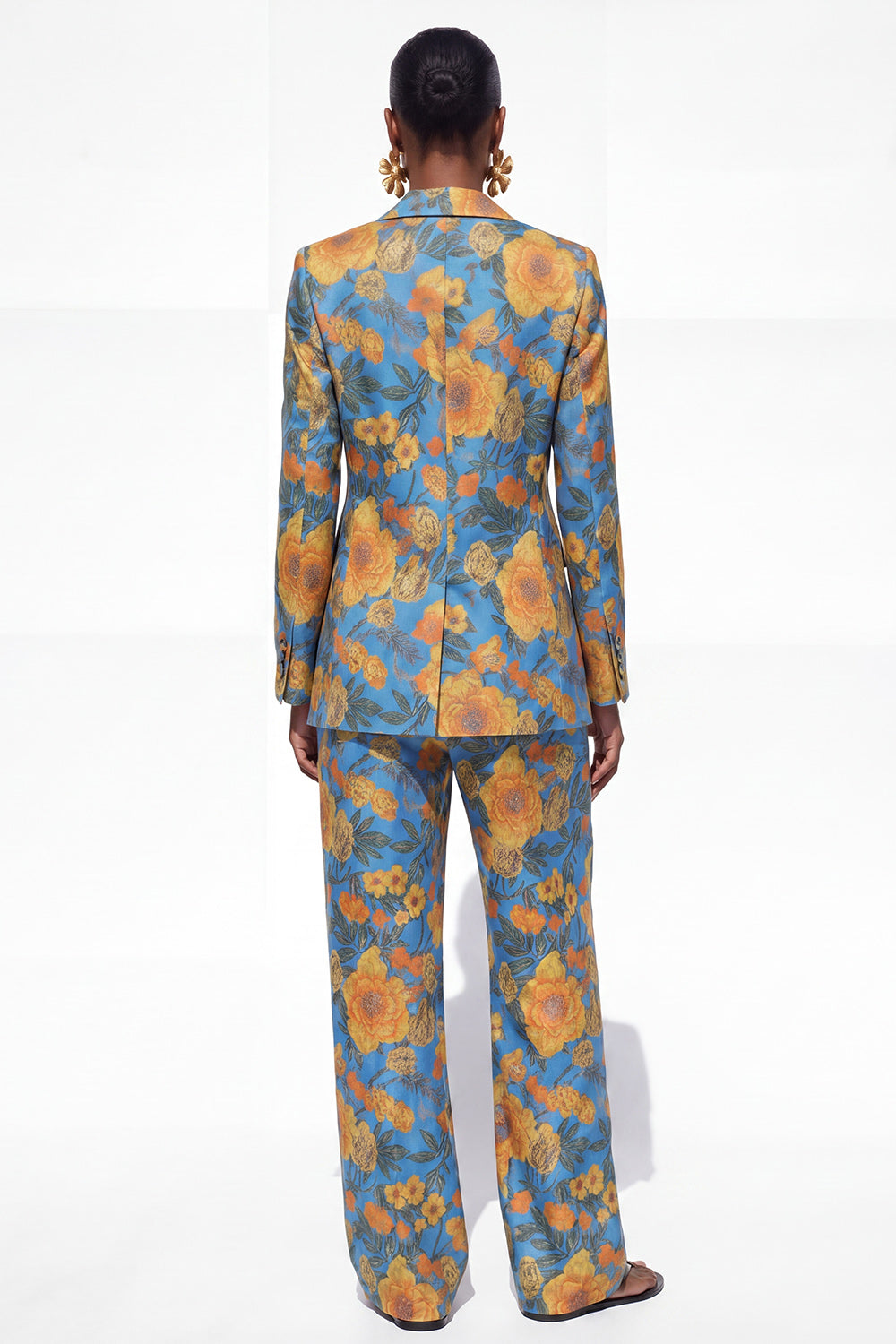 Blue 2 Piece Floral Notched Lapel Single Breasted Business Suits with Pockets