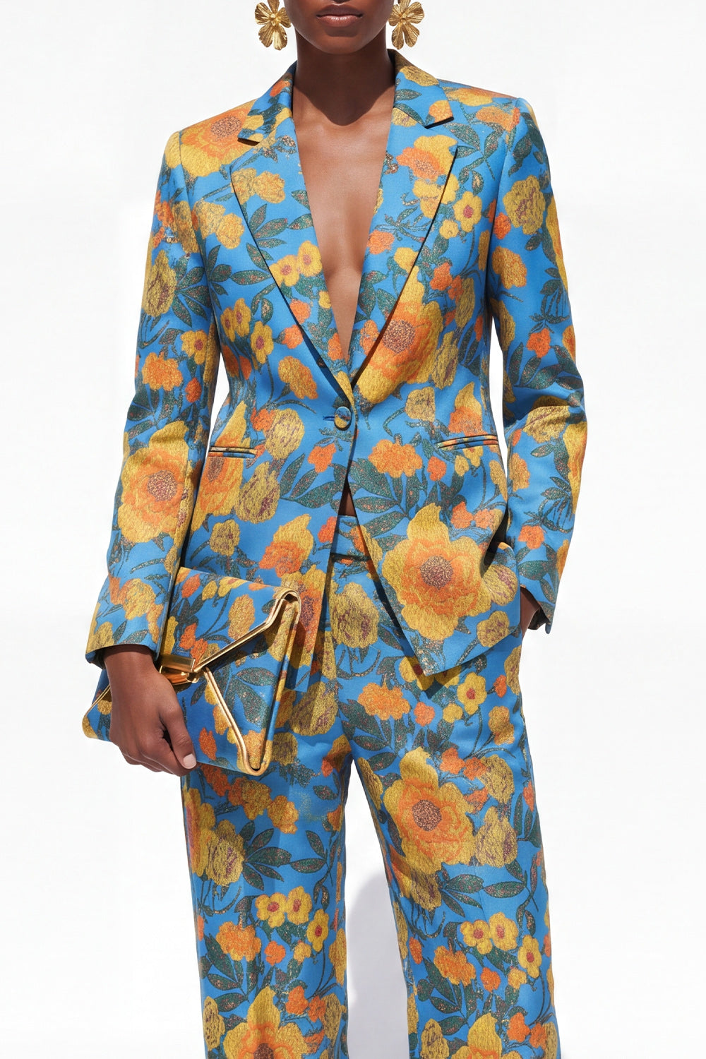 Blue 2 Piece Floral Notched Lapel Single Breasted Business Suits with Pockets