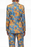 Blue 2 Piece Floral Notched Lapel Single Breasted Business Suits with Pockets