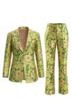 Blue 2 Piece Floral Notched Lapel Single Breasted Women Suits with Pockets