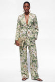 Blue 2 Piece Floral Notched Lapel Single Breasted Business Suits with Pockets