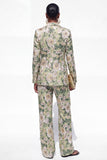 Blue 2 Piece Floral Notched Lapel Single Breasted Business Suits with Pockets