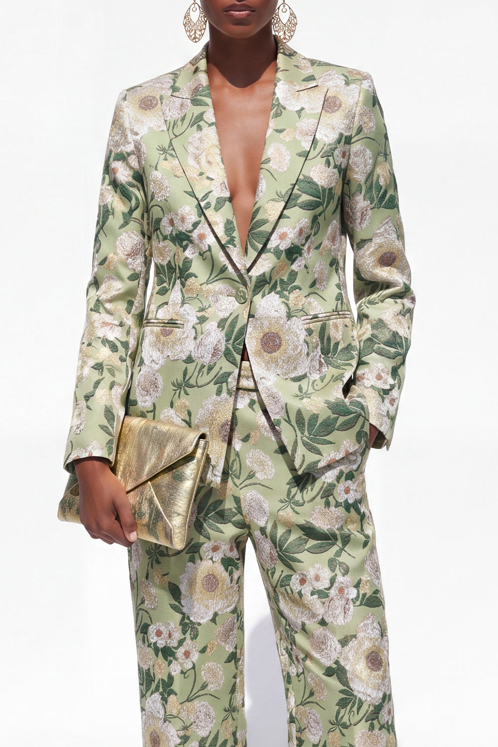 Blue 2 Piece Floral Notched Lapel Single Breasted Business Suits with Pockets