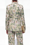 Blue 2 Piece Floral Notched Lapel Single Breasted Business Suits with Pockets