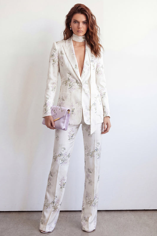 White Floral 2 Piece Single Breasted Peak Lapel Business Suits
