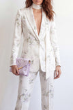 White Floral 2 Piece Single Breasted Peak Lapel Business Suits