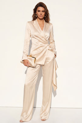 Champagne 2 Piece Peak Lapel Ruched Business Suits with Sash