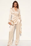 Champagne 2 Piece Peak Lapel Ruched Business Suits with Sash