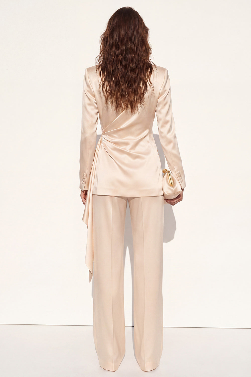 Champagne 2 Piece Peak Lapel Ruched Business Suits with Sash