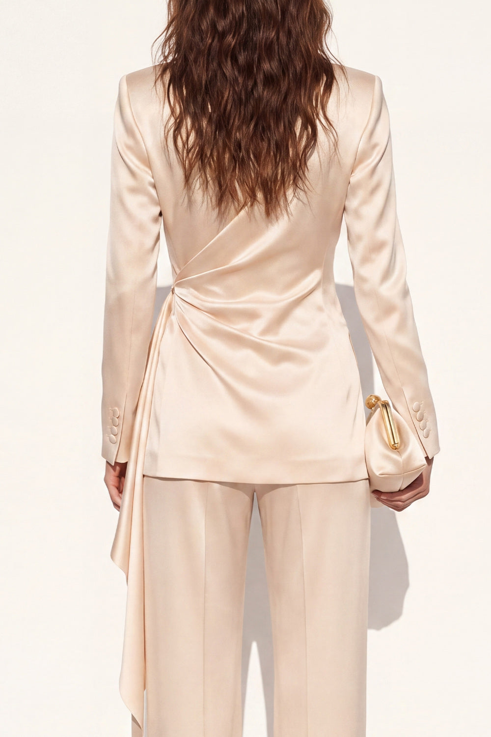 Champagne 2 Piece Peak Lapel Ruched Business Suits with Sash