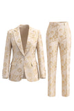 Golden Floral 2 Piece Peak Lapel Single Breasted Business Suits with Pockets