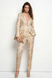 Golden Floral 2 Piece Peak Lapel Single Breasted Business Suits with Pockets