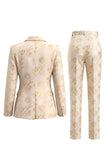 Golden Floral 2 Piece Peak Lapel Single Breasted Business Suits with Pockets