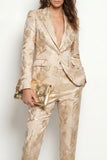 Golden Floral 2 Piece Peak Lapel Single Breasted Business Suits with Pockets