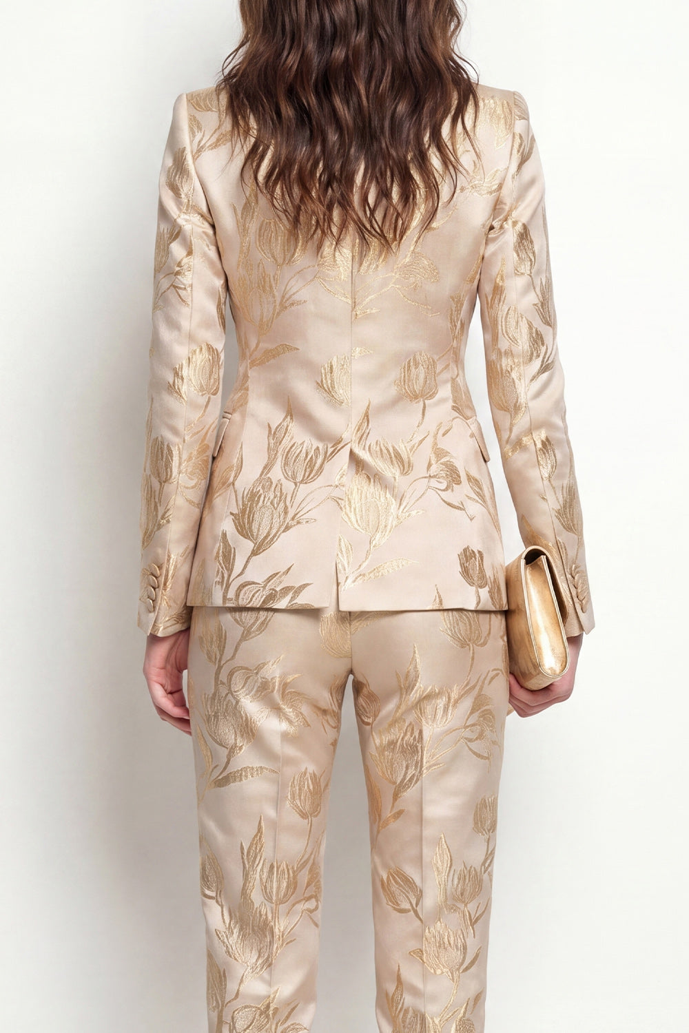 Golden Floral 2 Piece Peak Lapel Single Breasted Business Suits with Pockets