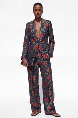 Black 2 Piece Floral Peak Lapel Single Breasted Business Suits with Pockets