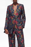 Black 2 Piece Floral Peak Lapel Single Breasted Business Suits with Pockets