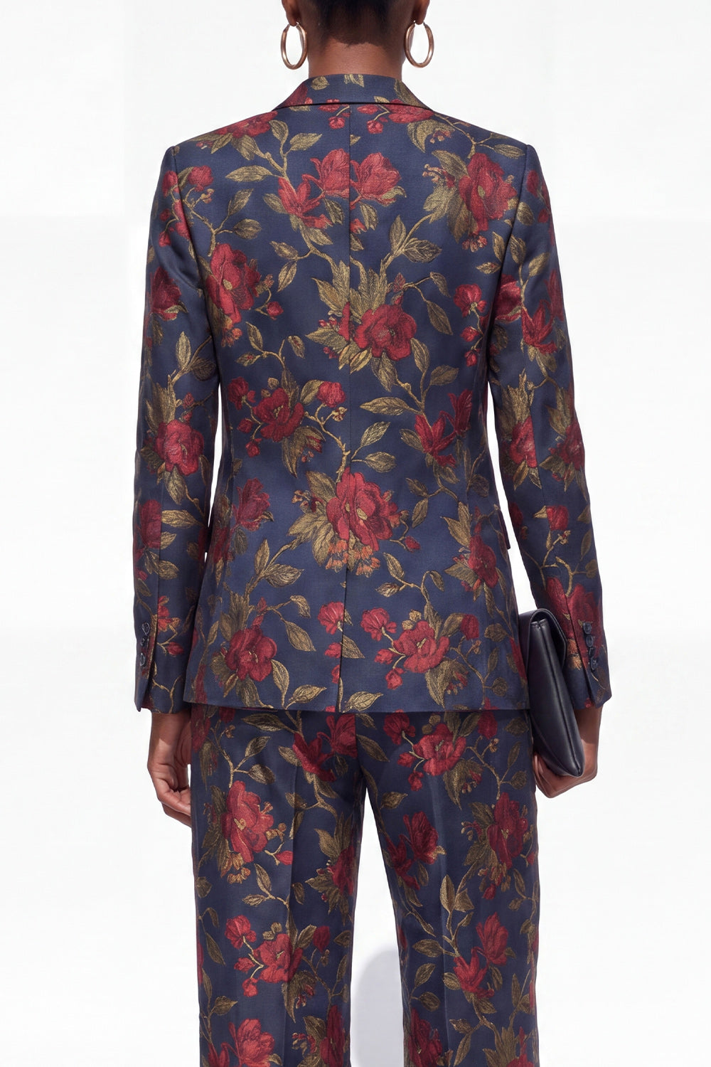 Black 2 Piece Floral Peak Lapel Single Breasted Business Suits with Pockets
