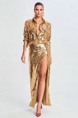 Sparkly Golden Sequin 2 Piece Metallic Long Prom Suits with Slit