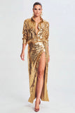 Sparkly Golden Sequin 2 Piece Metallic Long Prom Suits with Slit