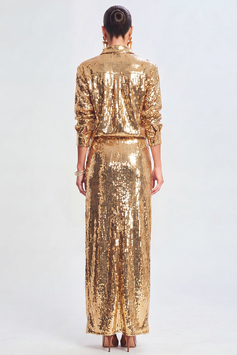 Sparkly Golden Sequin 2 Piece Metallic Long Prom Suits with Slit