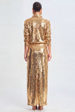 Sparkly Golden Sequin 2 Piece Metallic Long Prom Suits with Slit