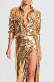 Sparkly Golden Sequin 2 Piece Metallic Long Prom Suits with Slit