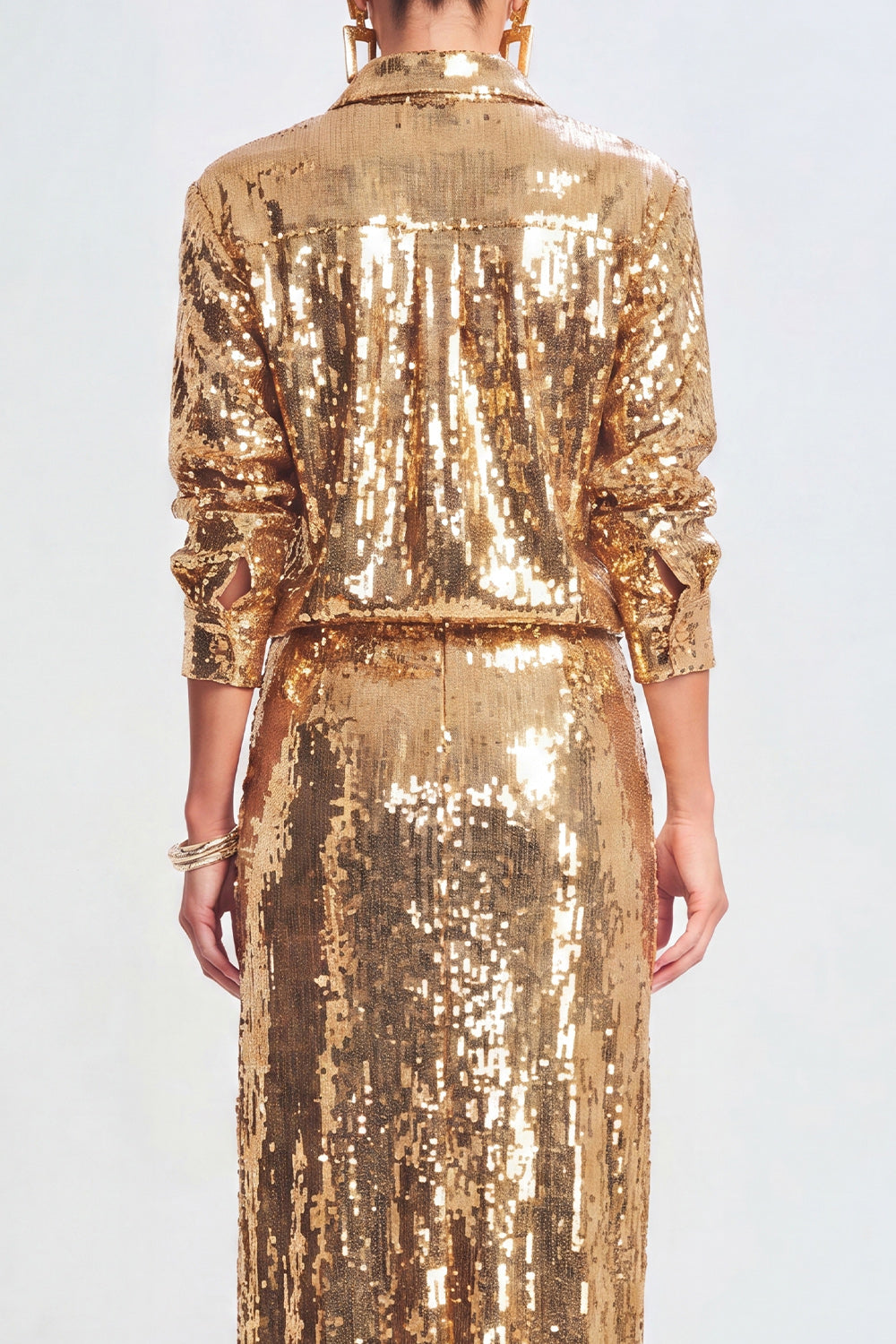 Sparkly Golden Sequin 2 Piece Metallic Long Prom Suits with Slit