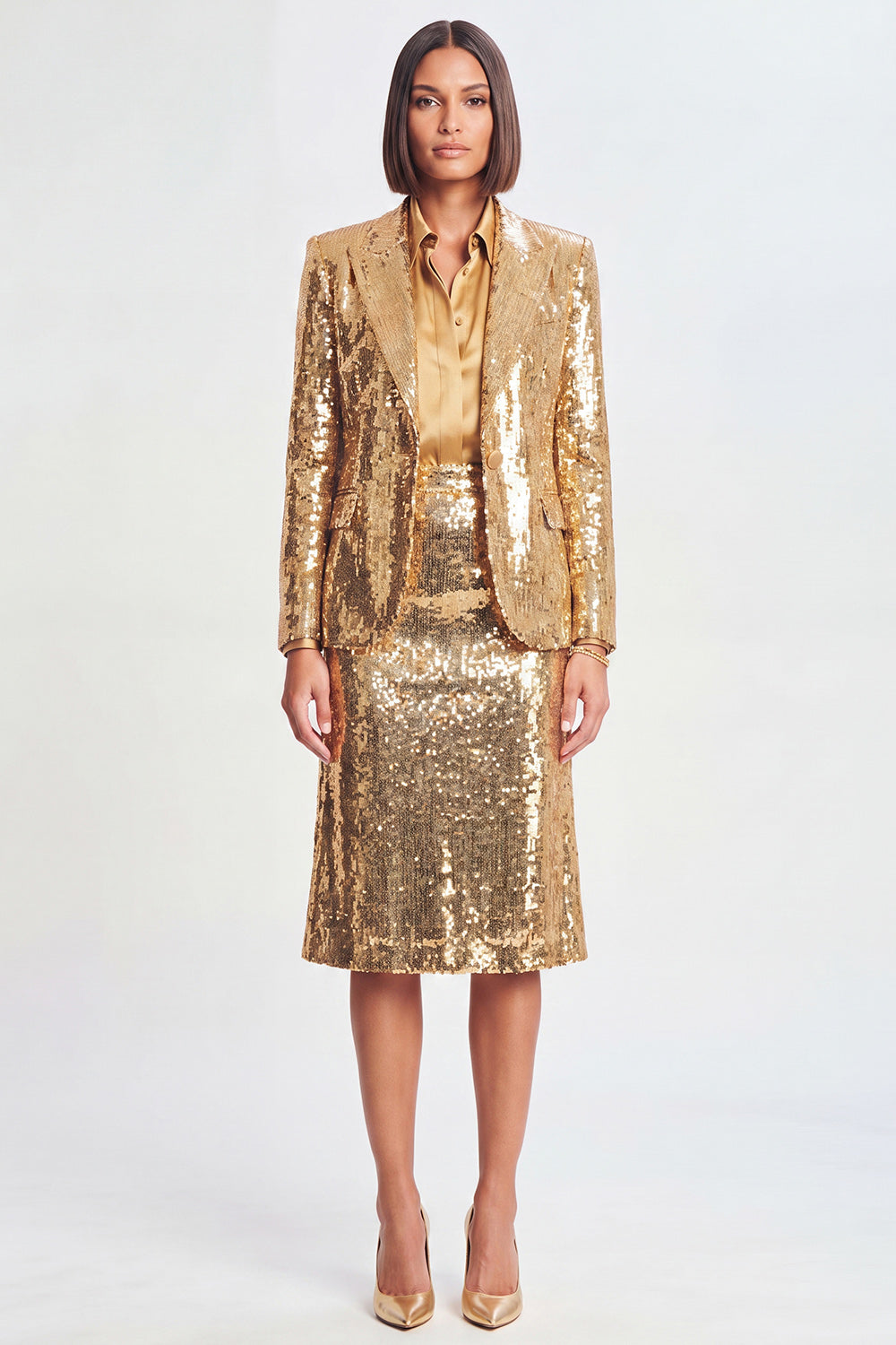 Sparkly Golden Sequin 2 Piece Peak Lapel Metallic Midi Prom Suits