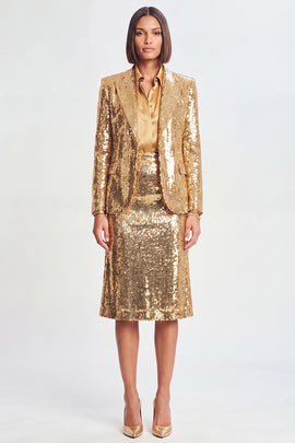 Sparkly Golden Sequin 2 Piece Peak Lapel Metallic Midi Prom Suits