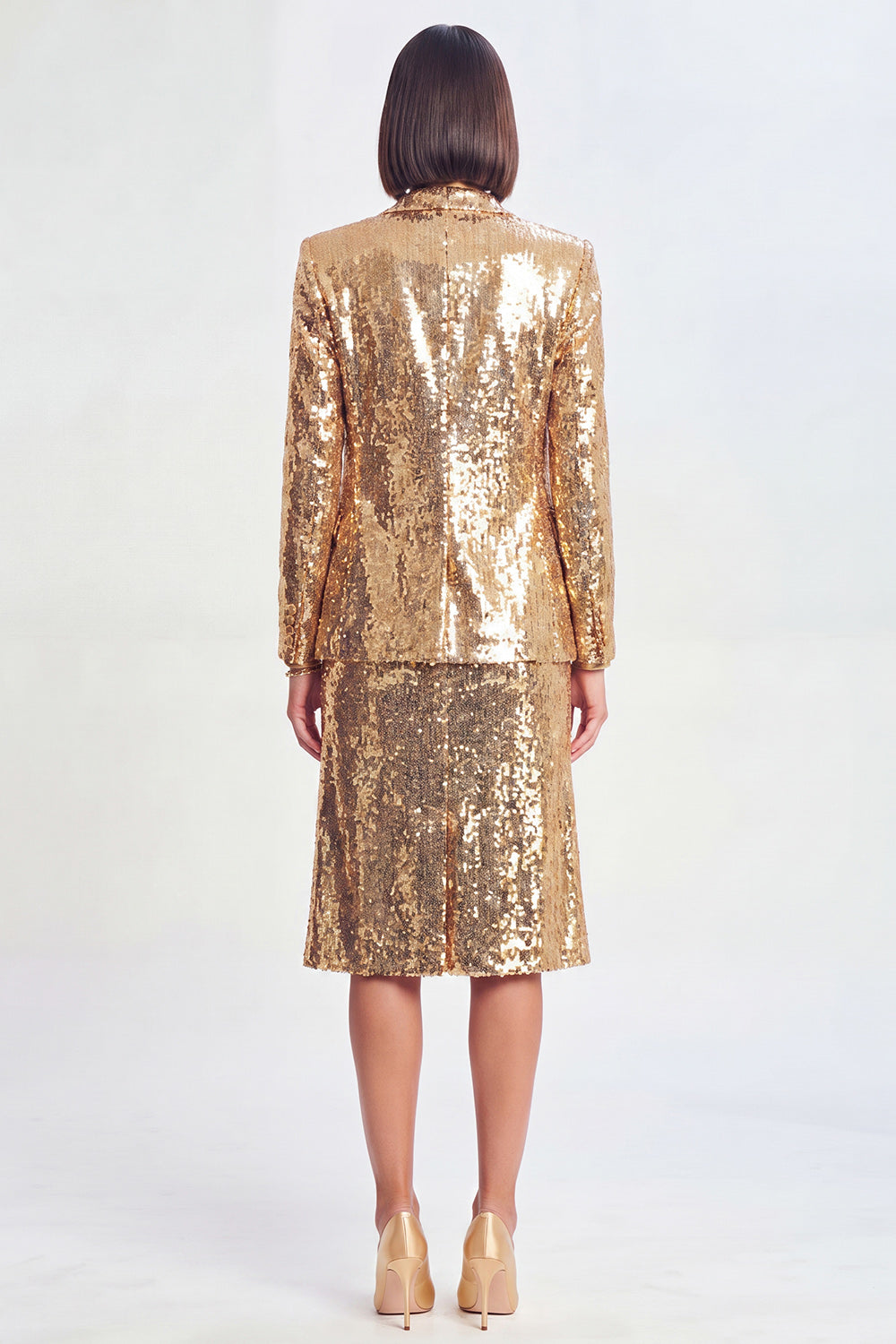 Sparkly Golden Sequin 2 Piece Peak Lapel Metallic Midi Prom Suits