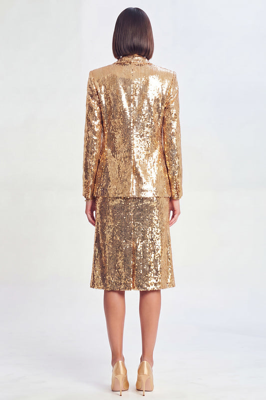 Sparkly Golden Sequin 2 Piece Peak Lapel Metallic Midi Prom Suits