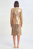 Sparkly Golden Sequin 2 Piece Peak Lapel Metallic Midi Prom Suits
