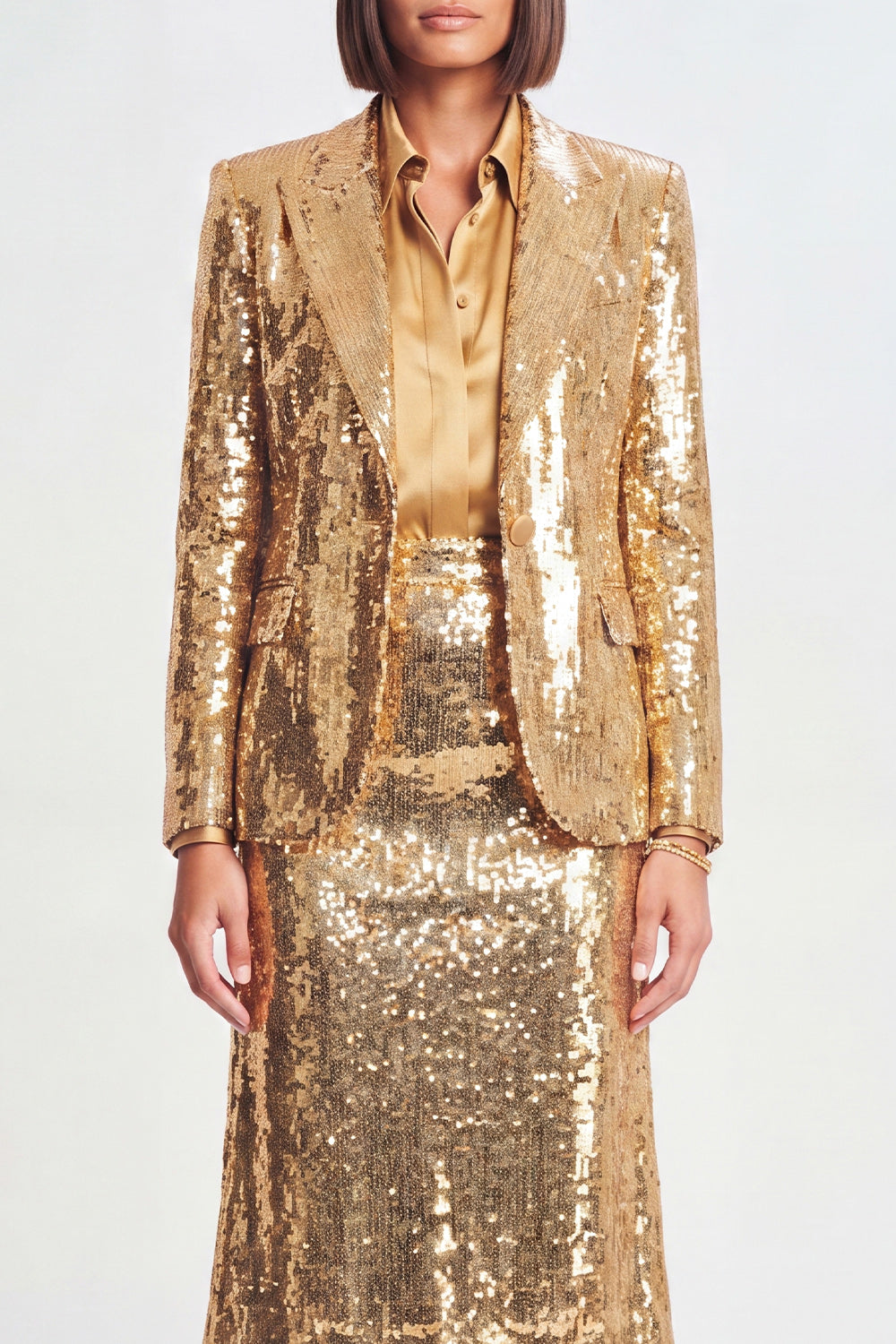 Sparkly Golden Sequin 2 Piece Peak Lapel Metallic Midi Prom Suits