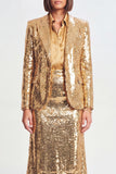 Sparkly Golden Sequin 2 Piece Peak Lapel Metallic Midi Prom Suits