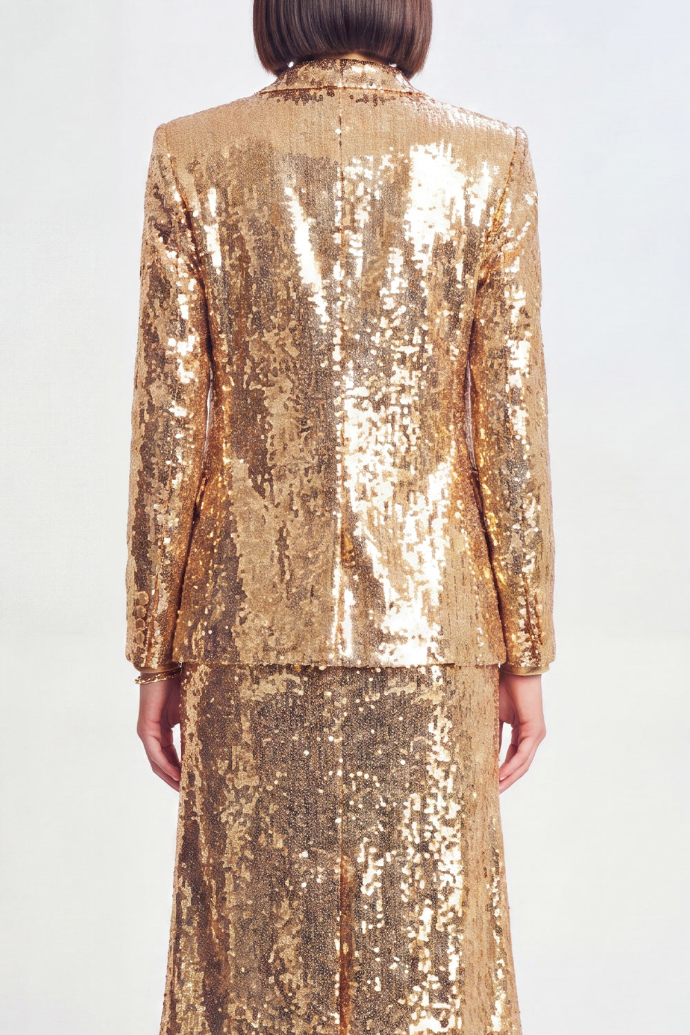 Sparkly Golden Sequin 2 Piece Peak Lapel Metallic Midi Prom Suits