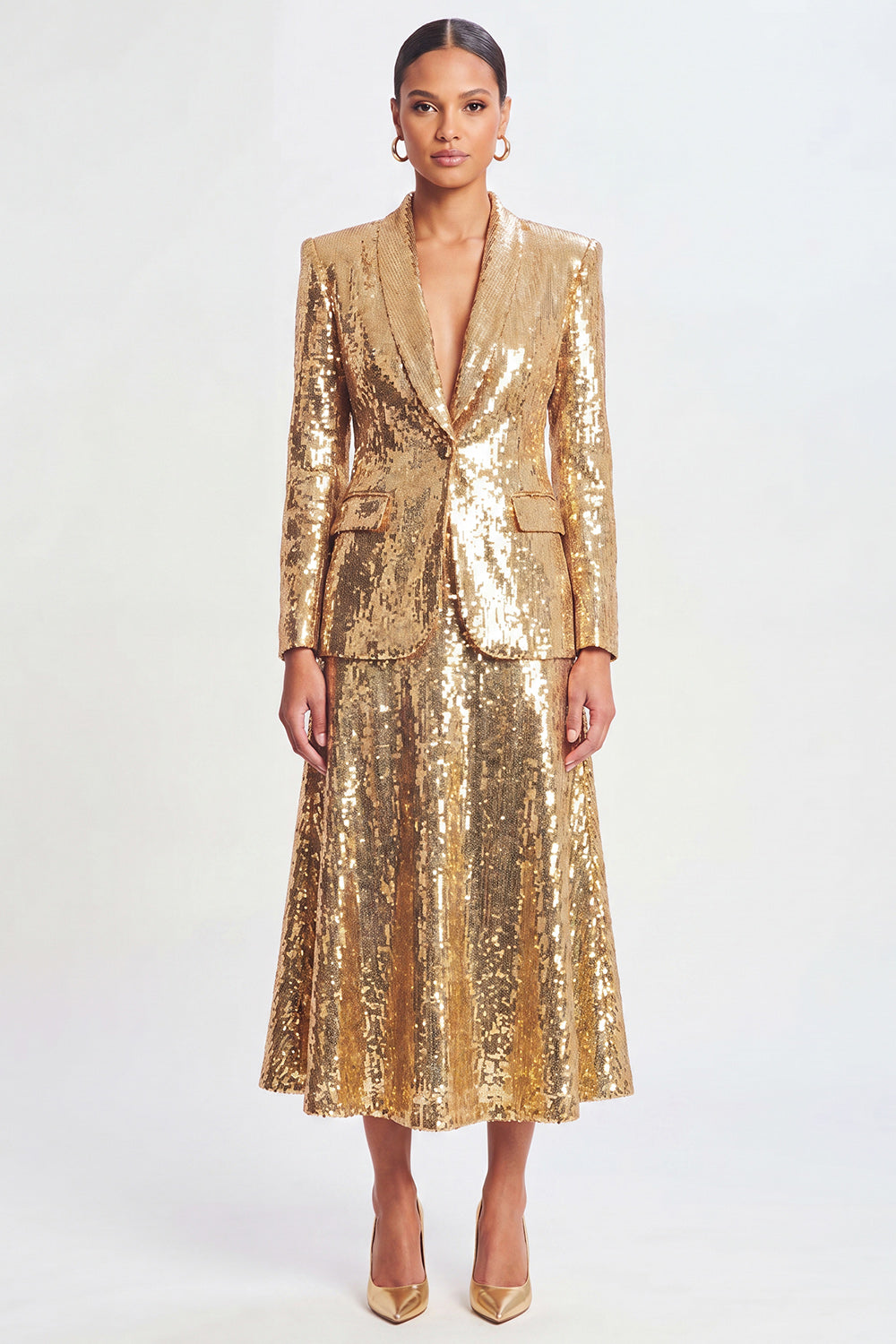 Sparkly Golden Sequin 2 Piece Shawl Lapel Metallic Long Prom Suits