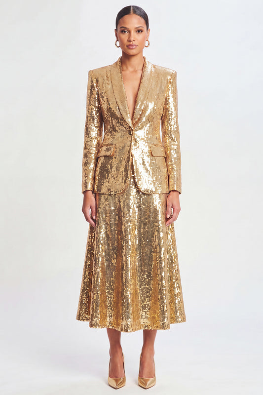 Sparkly Golden Sequin 2 Piece Shawl Lapel Metallic Long Prom Suits
