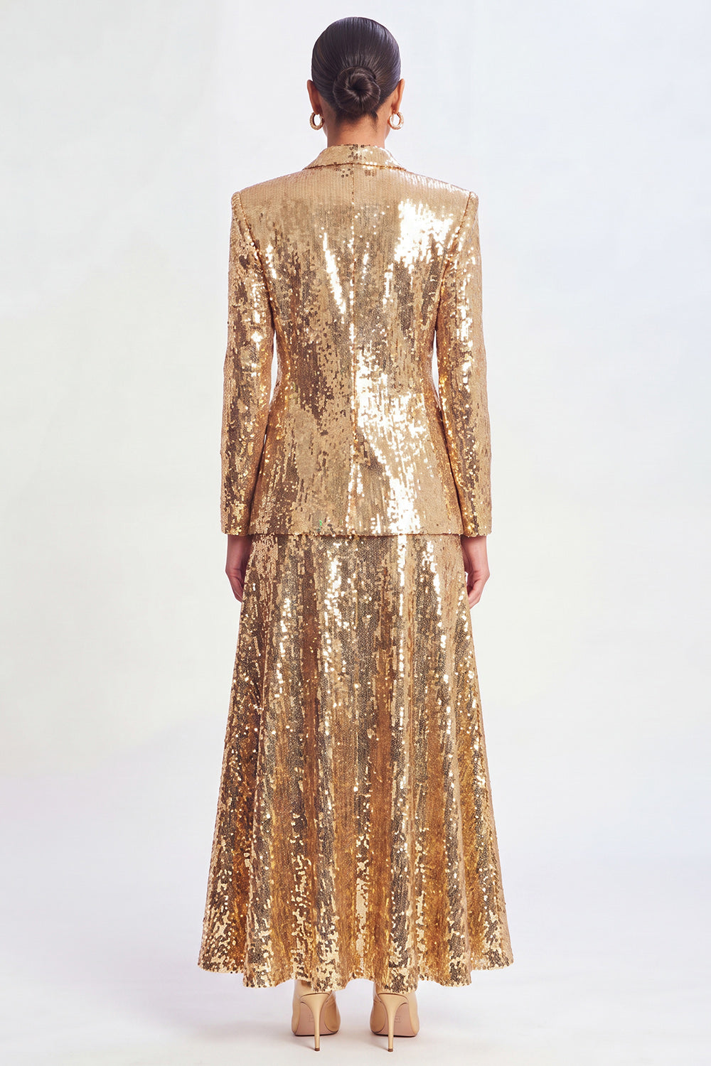 Sparkly Golden Sequin 2 Piece Shawl Lapel Metallic Long Prom Suits
