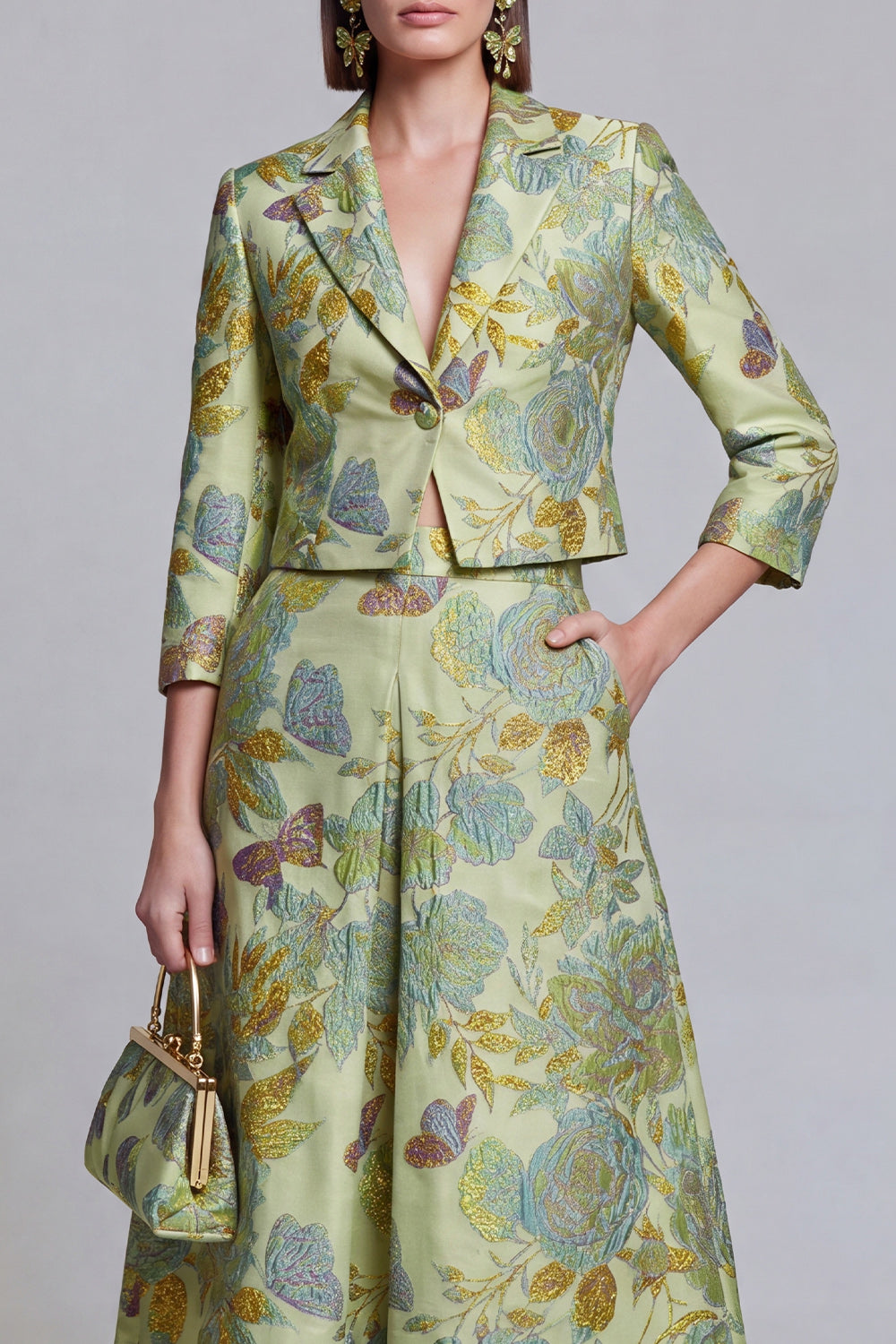 Sage Green Notched Lapel Floral 2 Piece Prom Suits with Pockets